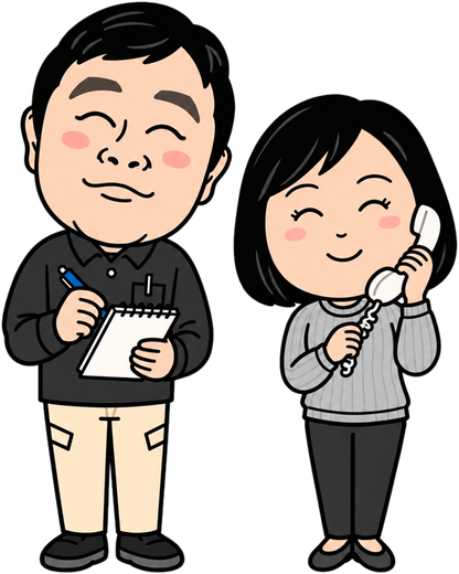 メモを取りながら話を聞く店長のKJと、電話を受けるMKのイラスト