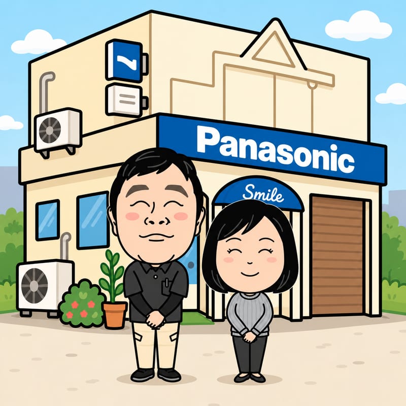 お店の前に並ぶ店長のKJとMKのイラスト